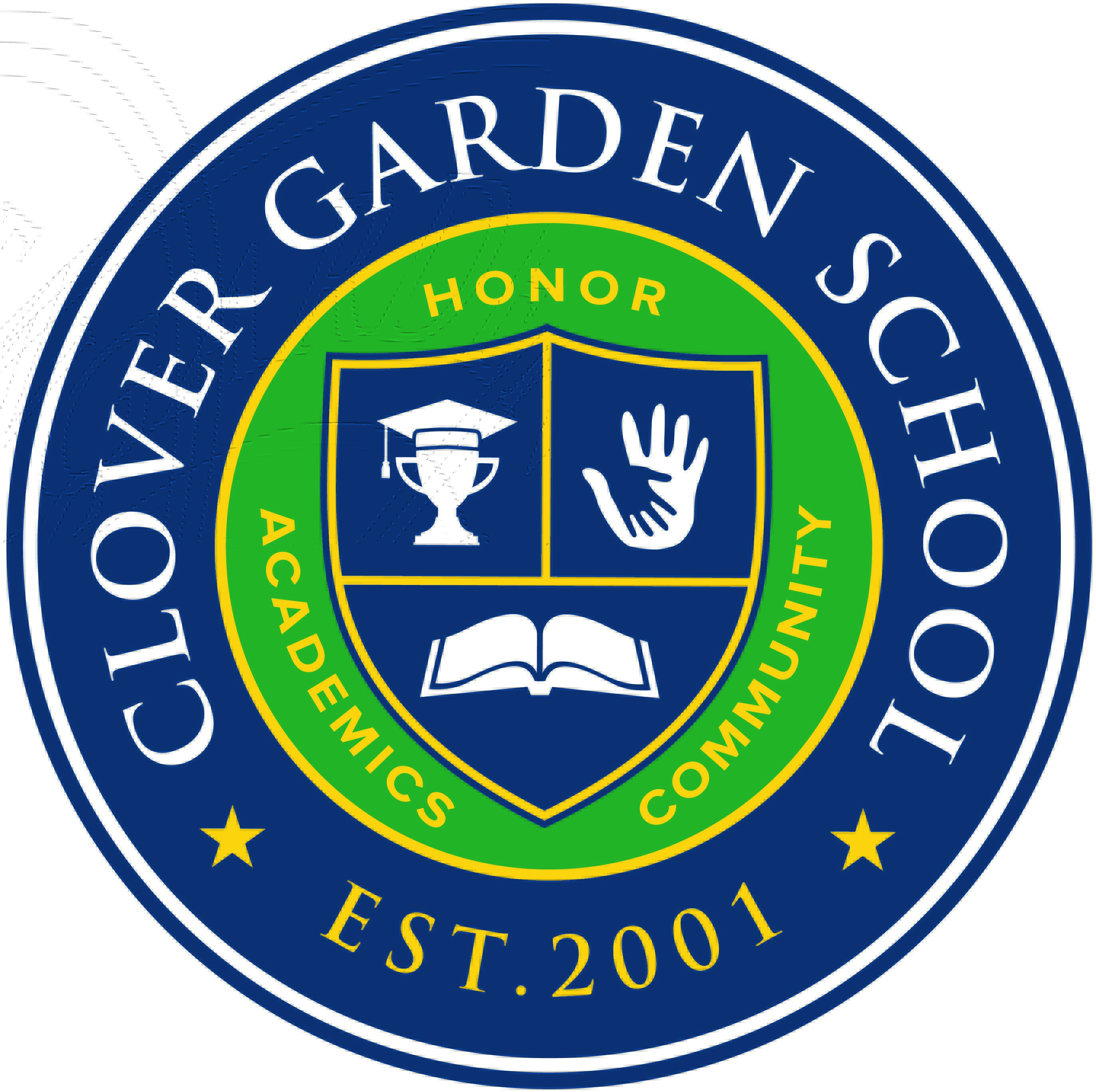 Seal of Clover Garden School. A shield with three sections. Top left is a trophy cup with a graduation mortarboard, top right is 2 hands clasping. Shield is surrounded by words: 