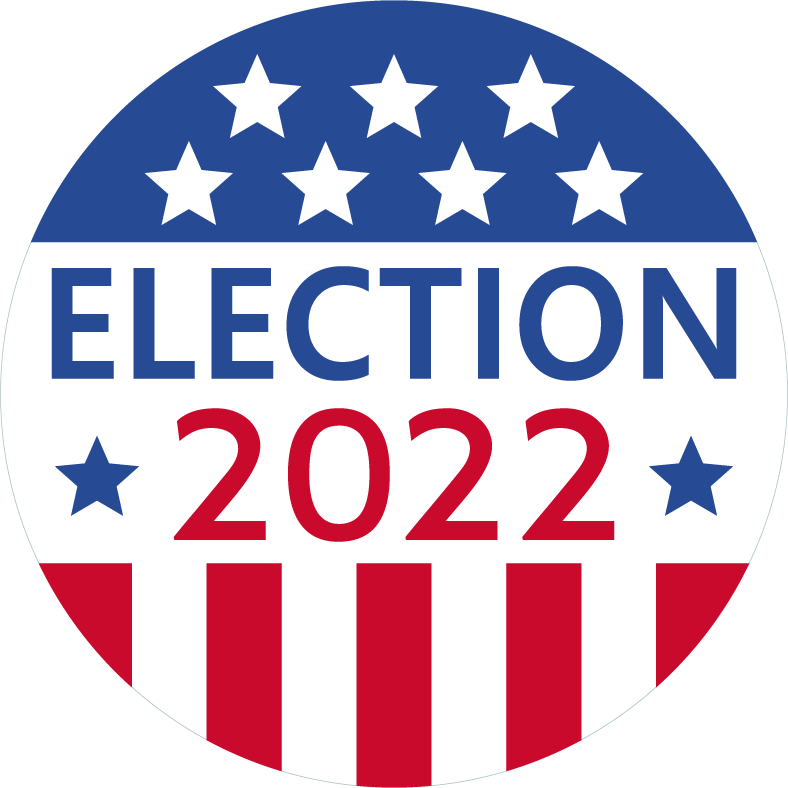 Circle with white stars on a dark blue background on top and red and white stripes on the bottom. Text in the middle says: Election 2022.