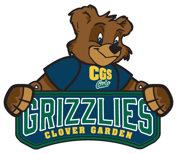 A cartoon grizzly cub wearing a shirt that says CGS Cubs and holding a sign that says Grizzlies Clover Garden