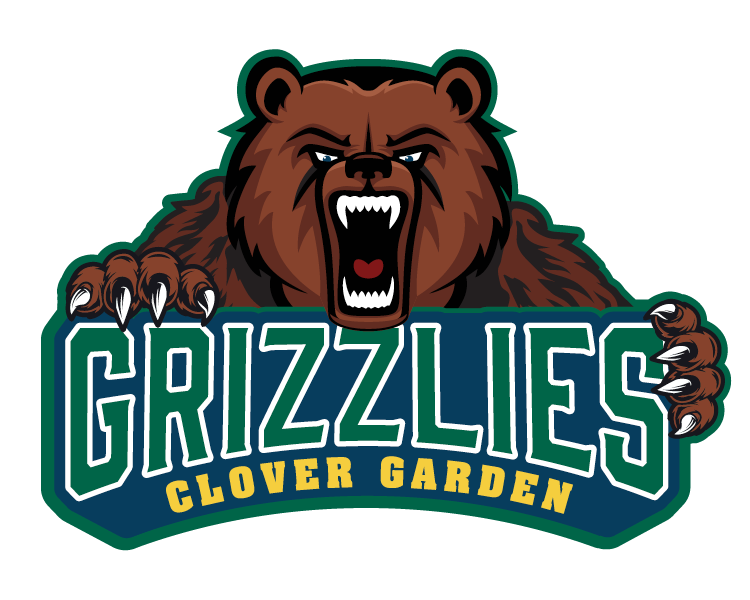 A brown bear growling and holding a sign that says Grizzlies, Clover GArden