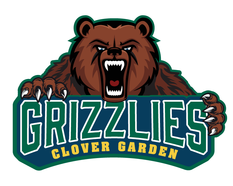 A brown bear growling and holding a sign that says Grizzlies, Clover GArden