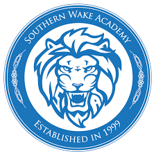 Southern Wake Academy logo. A light blue line drawing of a lion roaring. With a light blue circle and white text that says, 